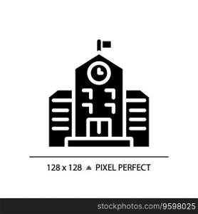 2D pixel perfect glyph style school icon, isolated vector, silhouette building illustration.. 2D glyph style black school icon