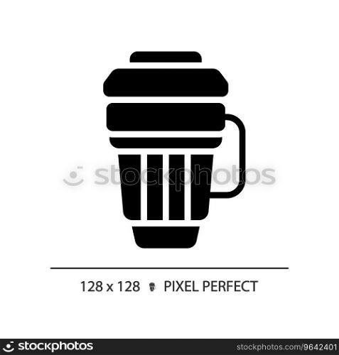 2D pixel perfect glyph style travel mug icon, isolated vector, hiking gear silhouette illustration.. 2D travel mug simple glyph style black icon