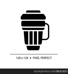 2D pixel perfect glyph style travel mug icon, isolated vector, hiking gear silhouette illustration.. 2D travel mug simple glyph style black icon
