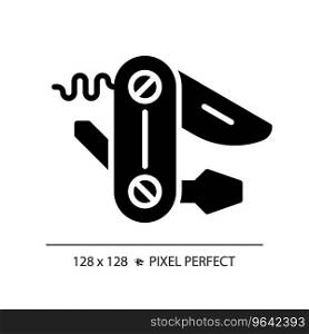 2D pixel perfect glyph style utility knife icon, isolated vector, hiking gear silhouette illustration.. 2D utility knife simple glyph style black icon