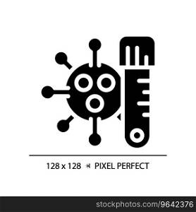 2D pixel perfect glyph style virus with tube icon, isolated vector, simple silhouette illustration representing bacteria.. 2D glyph style black virus with tube simple icon