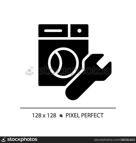 2D pixel perfect glyph style washing machine repair icon, isolated vector, simple silhouette illustration representing plumbing.. 2D black glyph style washing machine repair icon