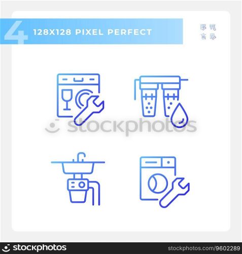2D pixel perfect gradient icons set representing plumbing, blue thin linear illustration.. Pixel perfect gradient plumbing line icons set