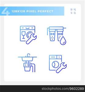 2D pixel perfect gradient icons set representing plumbing, blue thin linear illustration.. Pixel perfect gradient plumbing line icons set