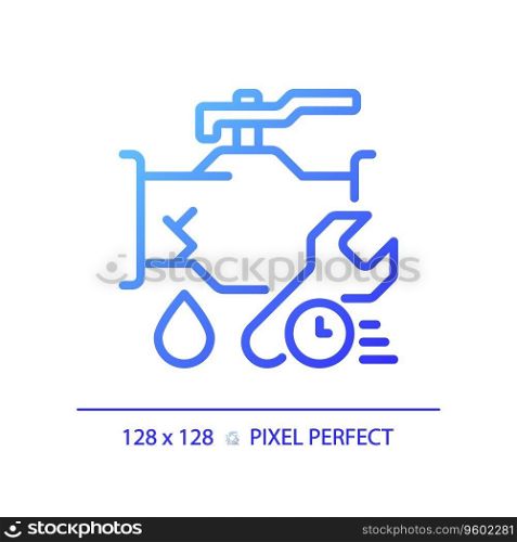2D pixel perfect gradient pipe leakage with time and wrench icon, isolated vector, blue thin line illustration representing plumbing.. 2D gradient pipe leakage with time and wrench icon