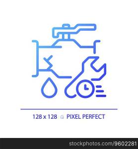 2D pixel perfect gradient pipe leakage with time and wrench icon, isolated vector, blue thin line illustration representing plumbing.. 2D gradient pipe leakage with time and wrench icon