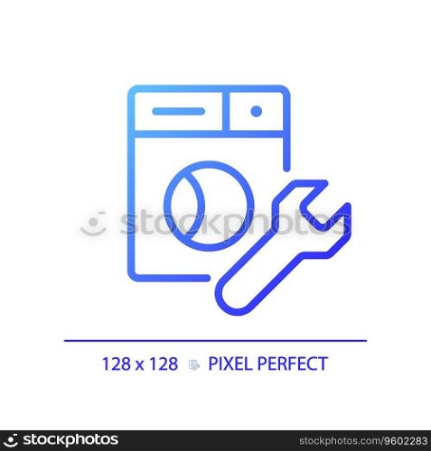 2D pixel perfect gradient washing machine repair icon, isolated vector, blue thin line illustration representing plumbing.. 2D thin linear blue gradient washing machine repair icon