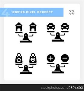 2D pixel perfect icons collection representing comparisons, silhouette illustration.. 2D glyph style black comparisons icons pack