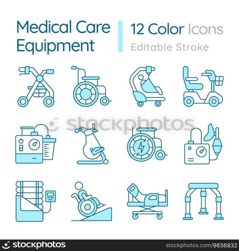 2D pixel perfect icons collection representing medical equipment, editable blue thin line illustration.. 2D editable blue medical equipment icons pack
