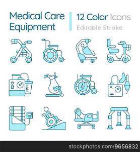 2D pixel perfect icons collection representing medical equipment, editable blue thin line illustration.. 2D editable blue medical equipment icons pack