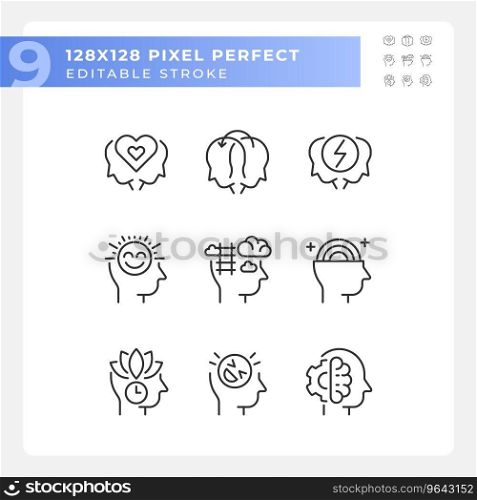 2D pixel perfect icons collection representing soft skills, editable black thin line illustration.. 2D editable black soft skills icons pack