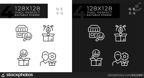2D pixel perfect icons set for dark and light mode representing product management, editable thin line illustration.. Pixel perfect white product management icons set