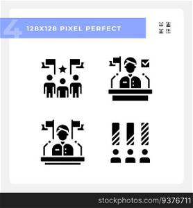 2D pixel perfect illustration of glyph style icons representing election, flat design voting signs.. Flat design voting glyph style icons