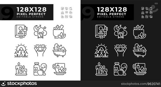 2D pixel perfect light and dark mode icons set representing meditation, editable thin line wellness illustration.. Set of editable pixel perfect light and dark meditation icons