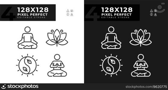 2D pixel perfect light and dark mode icons set representing meditation, editable thin line wellness illustration.. Pixel perfect light and dark meditation icons set