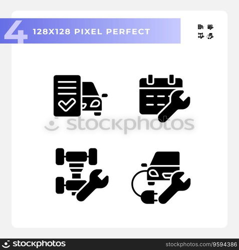 2D pixel perfect set of glyph style icons representing car repair and service, simple silhouette illustration.. 2D glyph style car repair and service icons set