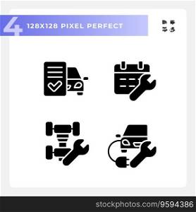 2D pixel perfect set of glyph style icons representing car repair and service, simple silhouette illustration.. 2D glyph style car repair and service icons set