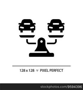 2D pixel perfect silhouette cars on weight scale icon, isolated vector, glyph style black illustration representing comparisons. 2D glyph style black cars on weight scale icon