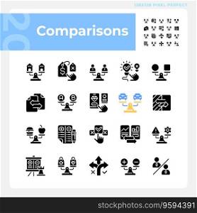 2D pixel perfect silhouette icons set representing comparisons, glyph style illustration. Pack of pixel perfect glyph style black comparisons icons