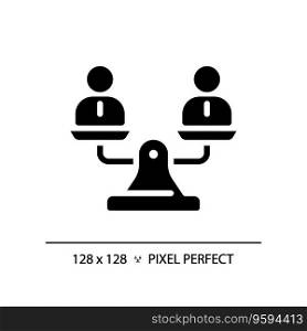2D pixel perfect silhouette people on weight scale icon, isolated vector, glyph style black illustration representing comparisons. 2D glyph style people on weight scale icon