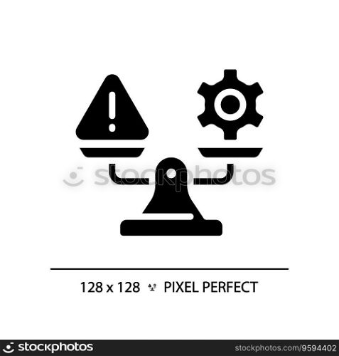 2D pixel perfect silhouette warning and gear on weight scale icon, isolated vector, glyph style black illustration representing comparisons. 2D glyph style black warning and gear on weight scale icon
