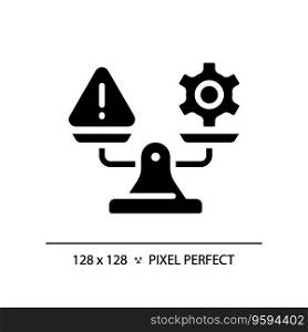 2D pixel perfect silhouette warning and gear on weight scale icon, isolated vector, glyph style black illustration representing comparisons. 2D glyph style black warning and gear on weight scale icon