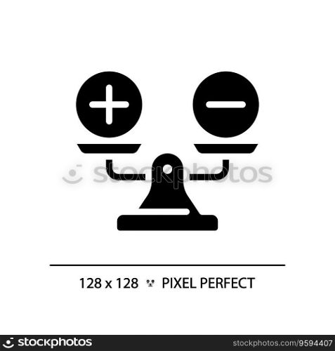 2D pixel perfect silhouette weight scale with plus and minus icon, isolated vector, glyph style black illustration representing comparisons. 2D glyph style black weight scale with plus and minus icon