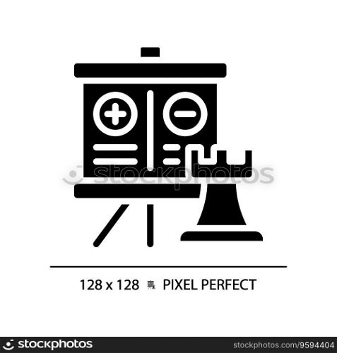 2D pixel perfect with positive and negative points on flipchart icon, isolated vector, glyph style black illustration representing comparisons. 2D glyph style black pros and cons icon
