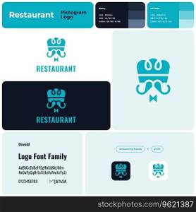 2D restaurant business logo with brand name. Chef&rsquo;s hat icon. Design element and visual identity. Creative template with oswald font. Suitable for food chain, bar, restaurant, eatery.. Template with chef&rsquo;s hat logo for restaurant branding