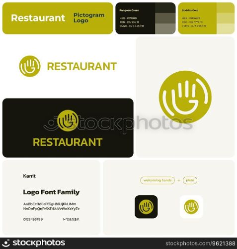 2D restaurant business logo with brand name. Welcoming hands and plate icon. Design element and visual identity. Creative template with kanit font. Suitable for food chain, bar, restaurant, eatery.. Template with welcoming hands and plate logo for restaurant