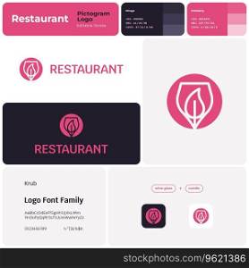 2D restaurant business logo with brand name. Wineglass and candle icon. Design element and visual identity. Creative template with krub font. Suitable for food chain, bar, restaurant, eatery.. Template with wineglass and candle logo for restaurant branding