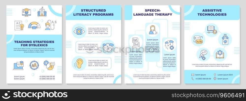 2D teaching strategies for dyslexics brochure template, leaflet design with thin linear icons, 4 vector layouts.. Brochure with teaching strategies for dyslexics linear icons