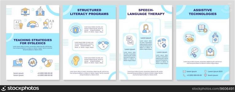 2D teaching strategies for dyslexics brochure template, leaflet design with thin linear icons, 4 vector layouts.. Brochure with teaching strategies for dyslexics linear icons