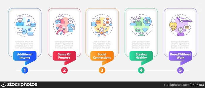 2D unretirement vector infographics multicolor template, data visualization with 5 steps, process timeline chart.. Colorful unretirement layout with linear icons