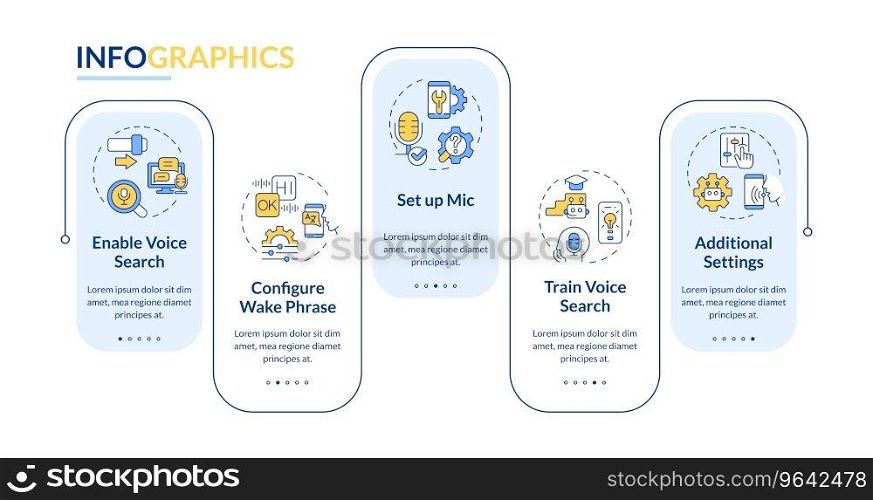 2D voice assistant vector infographics template with colorful icons, data visualization with 5 steps, process timeline chart.. 2D colorful voice assistant layout with linear icons