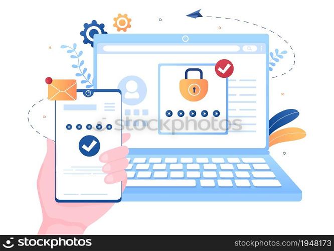 2FA Two Steps Authentication Password Secure Notice Login Verification or SMS with Code a Smartphone for Website in Flat Vector Illustration