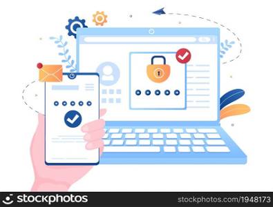 2FA Two Steps Authentication Password Secure Notice Login Verification or SMS with Code a Smartphone for Website in Flat Vector Illustration