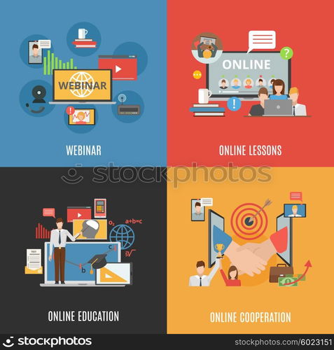 2x2 Design Concept Set Of Webinar Icons . 2x2 flat design concept set of webinar online education and online cooperation compositions flat vector illustration