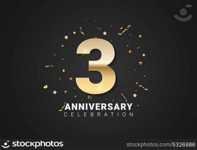 3 anniversary background with golden numbers, confetti, stars on bright black holiday background. Vector Illustration EPS10. 3 anniversary background with golden numbers, confetti, stars on bright black holiday background. Vector Illustration