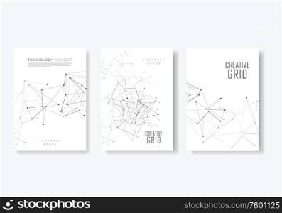 3 cover vector templates for brochure in A4 size. Modern geometric background with connected lines and dots.. 3 cover vector templates for brochure in A4 size. Modern geometric background with connected lines and dots