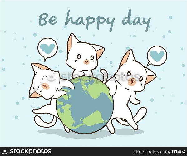 3 kawaii cats love the world in cartoon style.