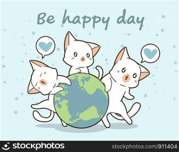 3 kawaii cats love the world in cartoon style.