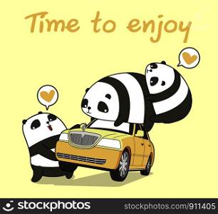 3 kawaii panda characters with a car