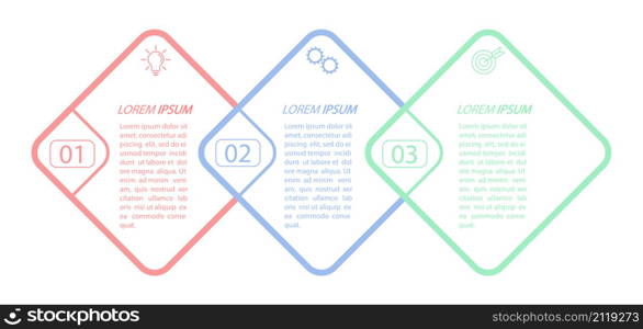 3 stages of development, improvement or training. Infographics with visual action icons for business, finance, project, plan or marketing. Flat vector style