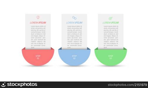 3 stages of development, improvement or training. Infographics with visual action icons for business, finance, project, plan or marketing. Flat vector style