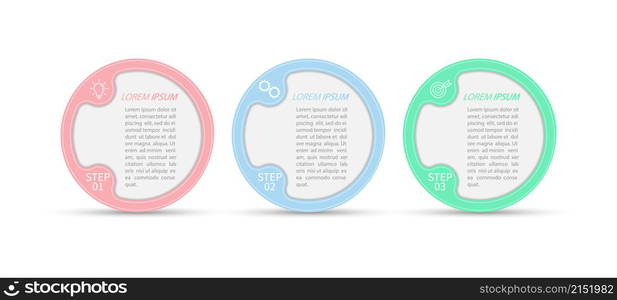 3 stages of development, improvement or training. Infographics with visual action icons for business, finance, project, plan or marketing. Flat vector style