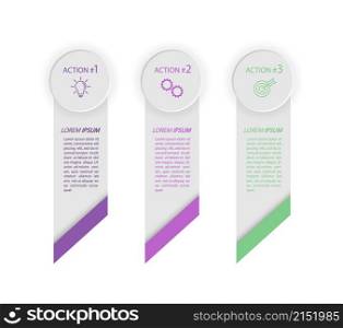 3 stages of development, improvement or training. Infographics with visual action icons for business, finance, project, plan or marketing. Flat vector style