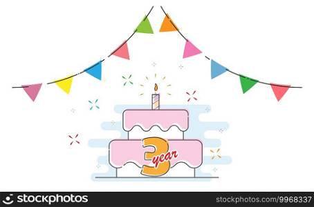 3 years. Cake with a candle and colored flags for congratulations on a birthday, holiday, wedding or anniversary. Flat style.