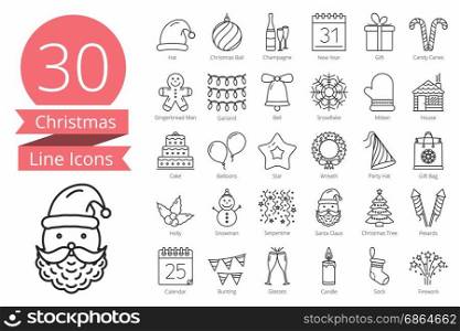 30 Christmas Icons. 30 Christmas line icons, vector eps10 illustration