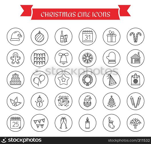 30 Christmas line icons in circles, vector eps10 illustration. 30 Christmas Icons